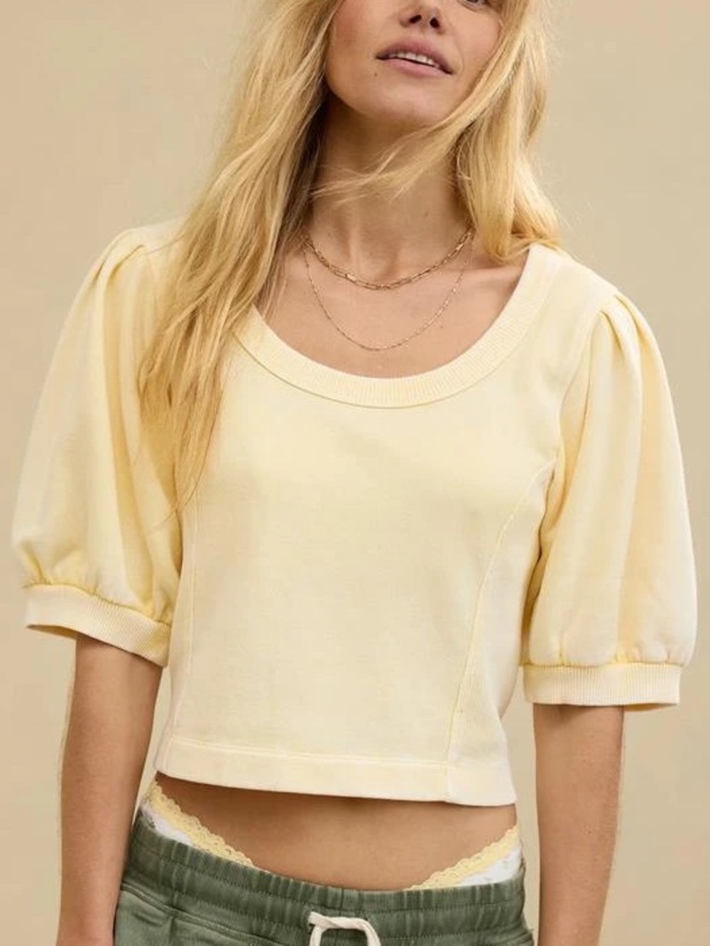 NWT Aerie Sz XXL Cropped Seams Right Butter Yellow Short Puff Sleeve Sweatshirt